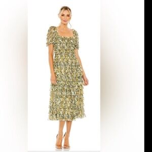 Mac Duggal #8232 Yellow Green Short Sleeve Ruffle Tea Length Dress Sz 4 NWT